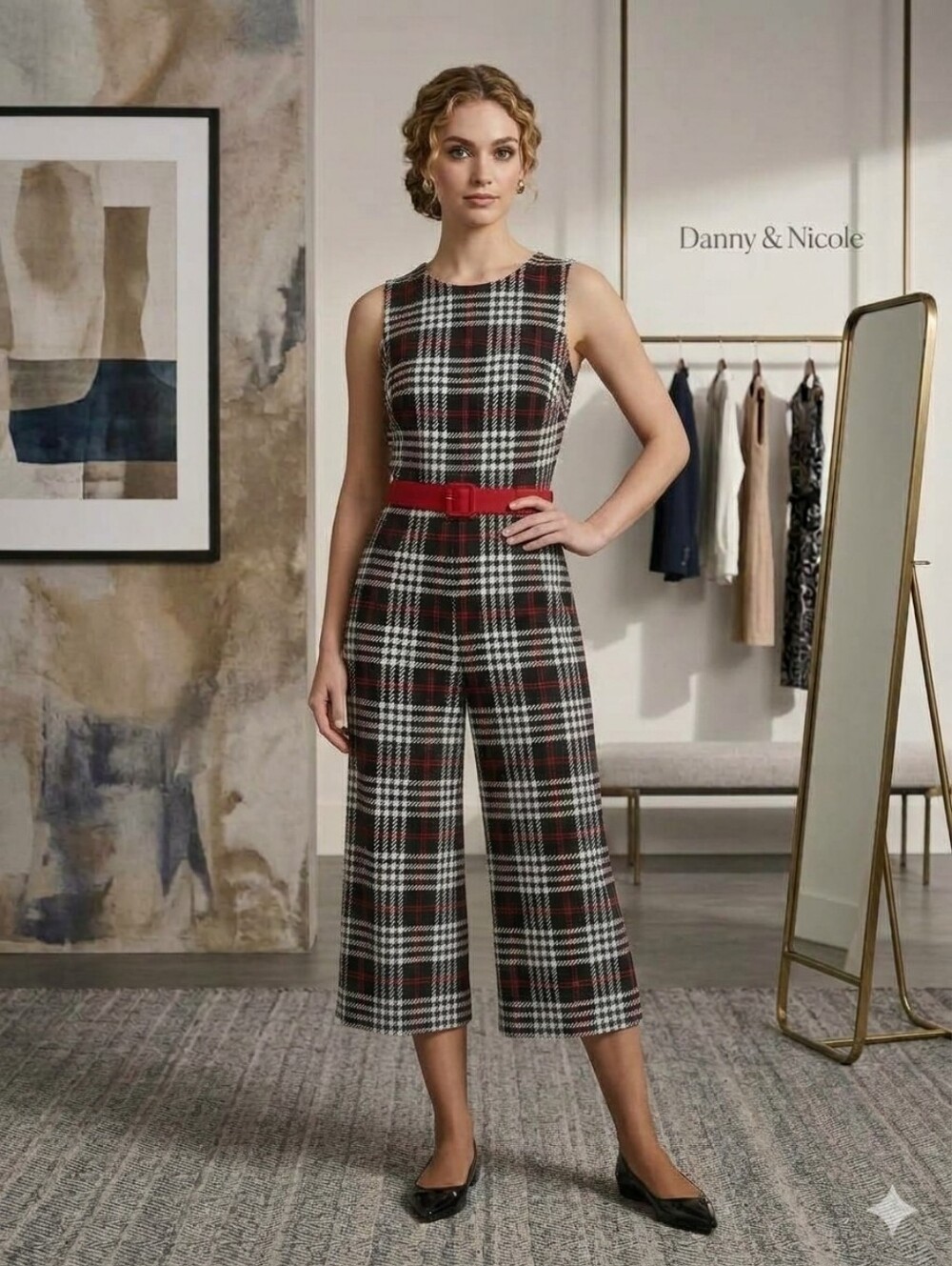 Danny & Nicole Red Black White Houndstooth Plaid Belted Jumpsuit Size 4